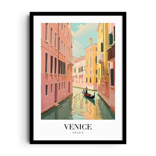 Framed poster of Venice canals with gondolas and historic façades in soft watercolour tones