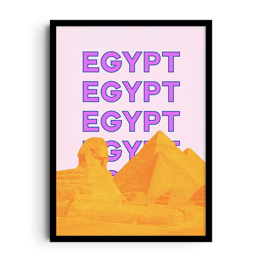 Framed poster of the pyramids in bold geometric shapes and warm vivid colours, modern Egypt wall art