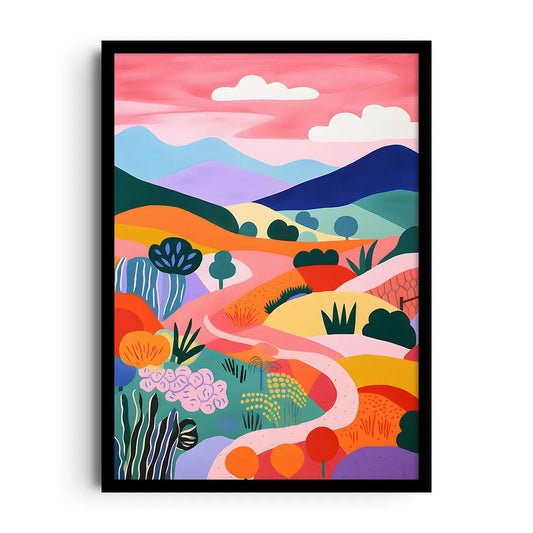 Framed poster of a dreamy sunset horizon in peach and violet tones with whimsical silhouettes for a kids room