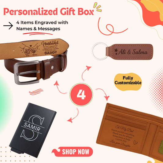 Four-item personalized gift box with belt, card holder, wallet and key ring — a premium personalized gift perfect for men gift boxes Egypt. This luxury gift box Egypt set is ideal as birthday gifts for him, gifts for boyfriend, classy gifts for men and unique gifts for men. A standout in customizable gift boxes and gift ideas for men, this personalized gift box for him is unforgettable