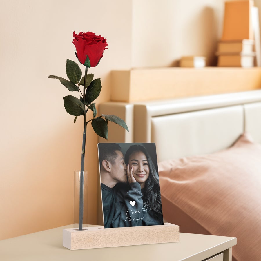 Infinity rose and personalized wooden photo stand example gift