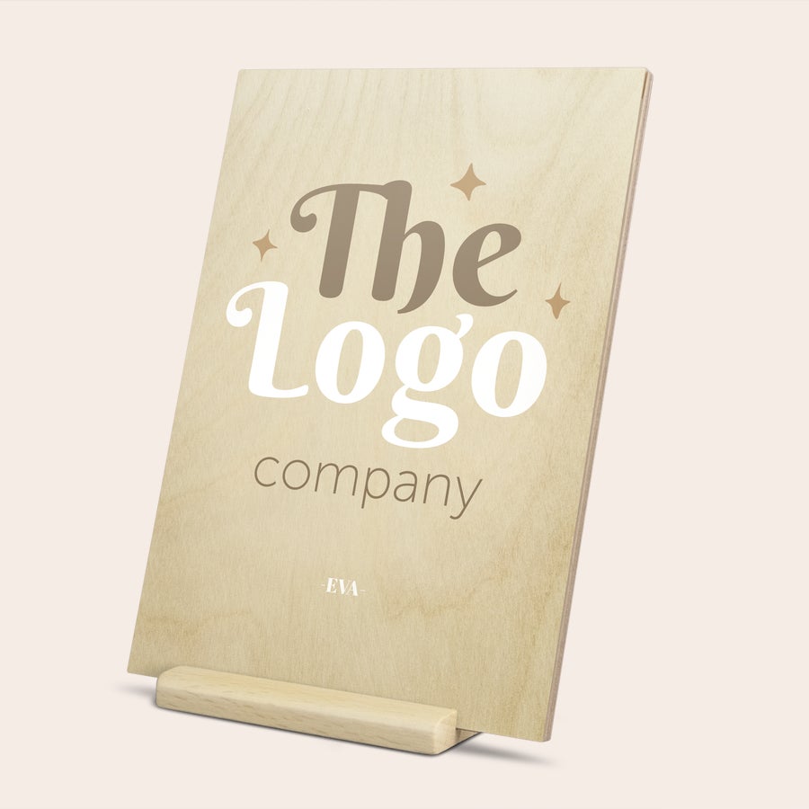 Wooden photo greeting card on stand, additional example, customized with a UV-printed photo and text