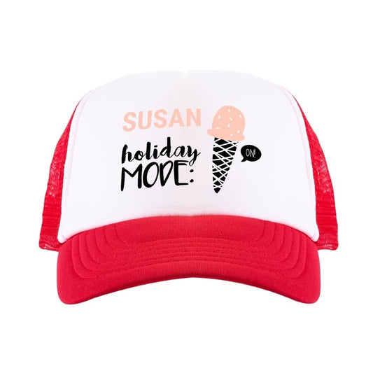 Customized trucker cap gift in red and white with a personalized front print