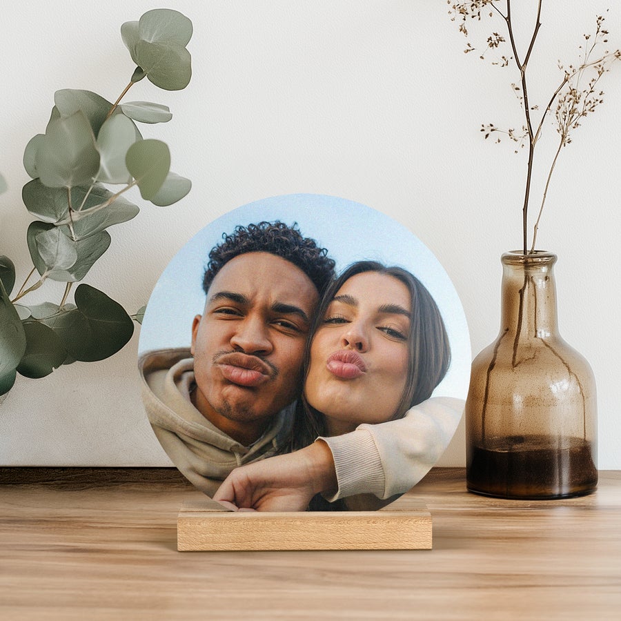 Round personalized photo tile with stand, custom photo gift