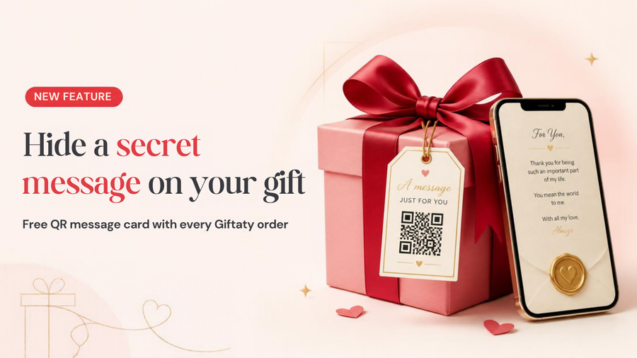 Giftaty free secret QR message card attached to a pink gift box