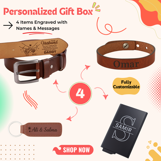Giftaty 4 Items Personalized Gift Box – Belt, Bracelet, Card Holder, Key Ring