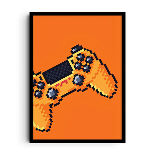 Framed poster of a classic console controller built from 8-bit pixels in a modern colour palette