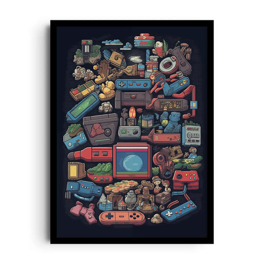 Framed poster of a pixelated fantasy kingdom with castle details in classic 8-bit arcade style