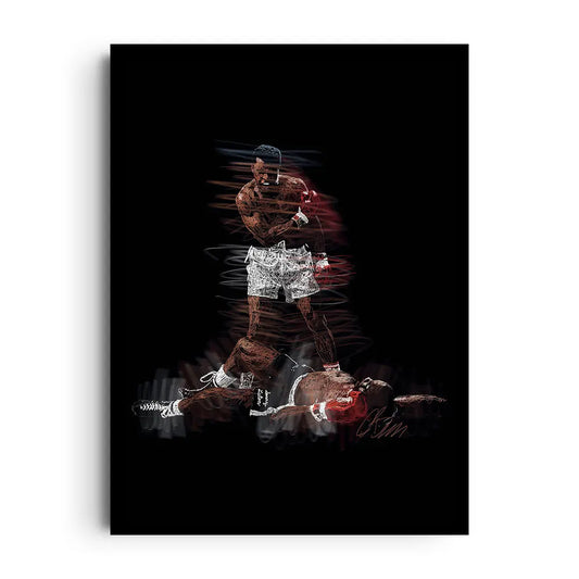 Framed tribute poster of boxing legend Muhammad Ali with a bold portrait and strong typography