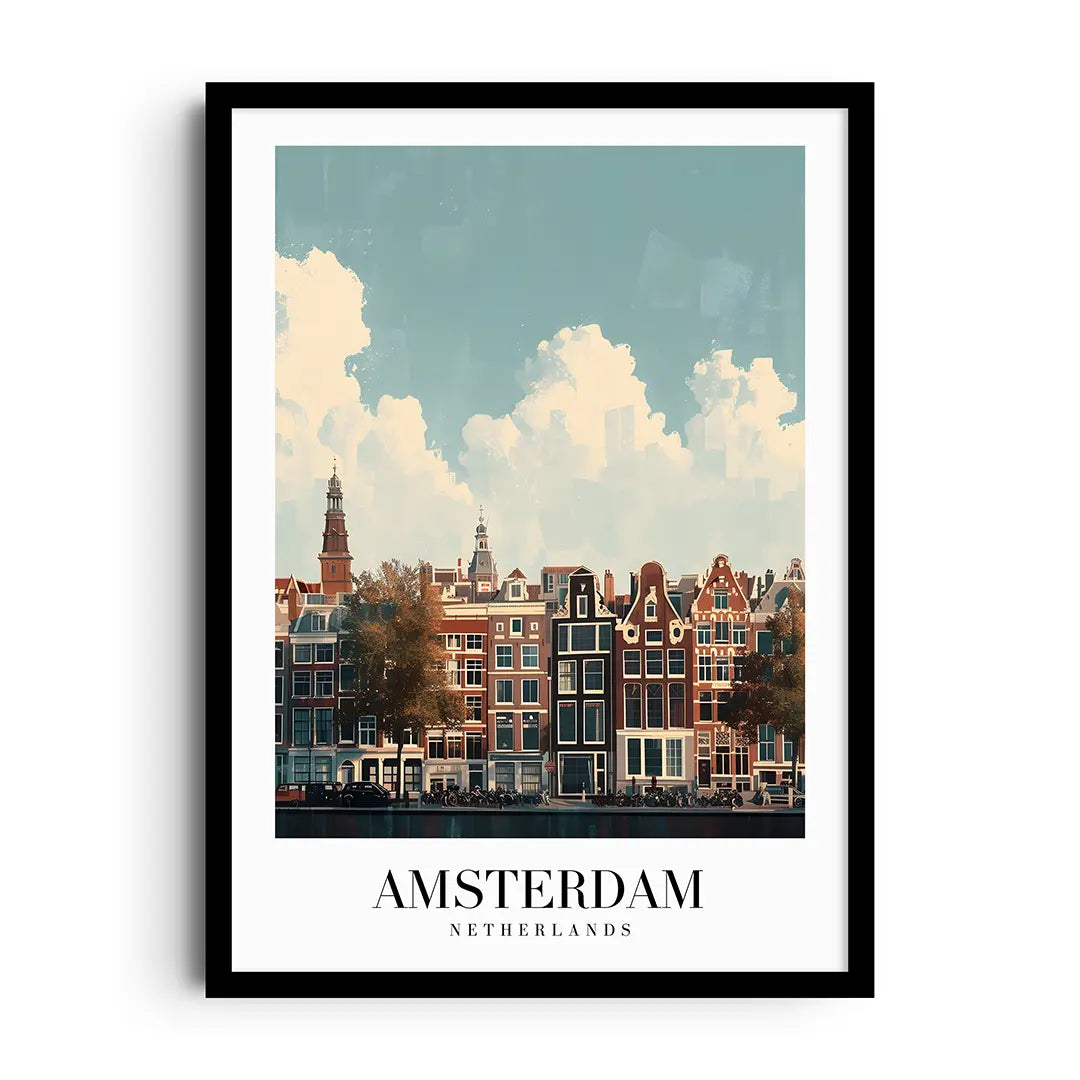 Framed poster of gabled Dutch houses reflected in a calm Amsterdam canal