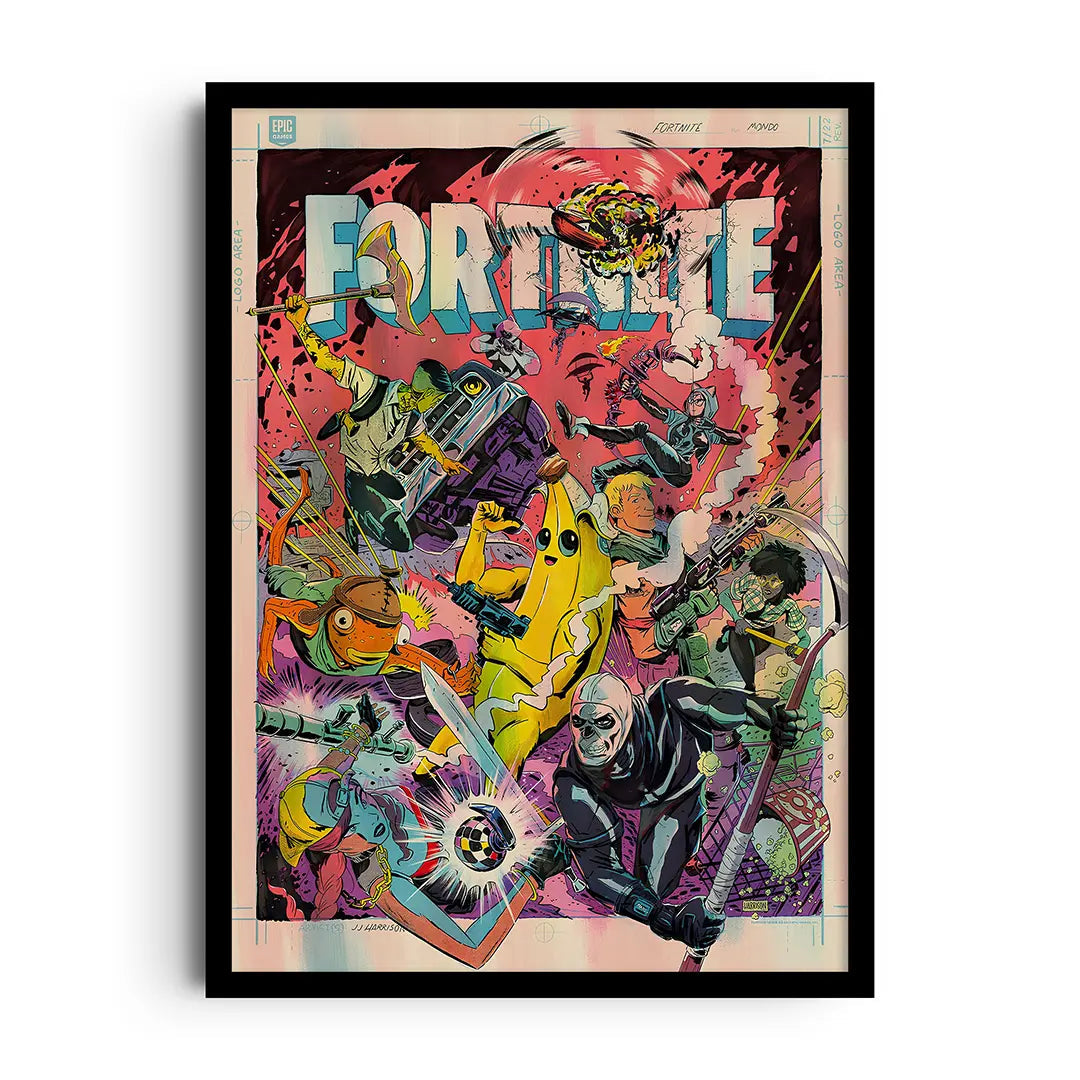 Framed colourful gaming poster with battle royale style characters in an action-packed scene