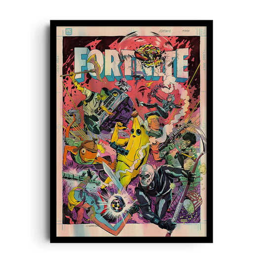 Framed colourful gaming poster with battle royale style characters in an action-packed scene