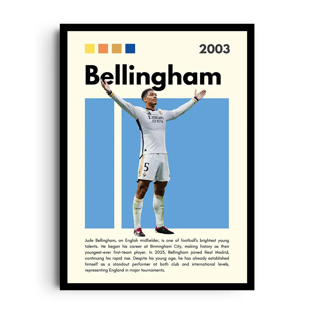 Framed poster of Jude Bellingham in a confident celebration pose with team-driven accents