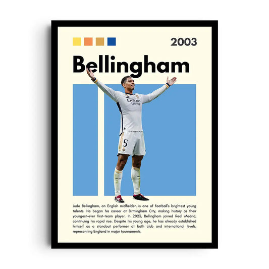 Framed poster of Jude Bellingham in a confident celebration pose with team-driven accents