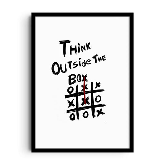 Framed poster with bold typography and layered geometric shapes about thinking outside the box