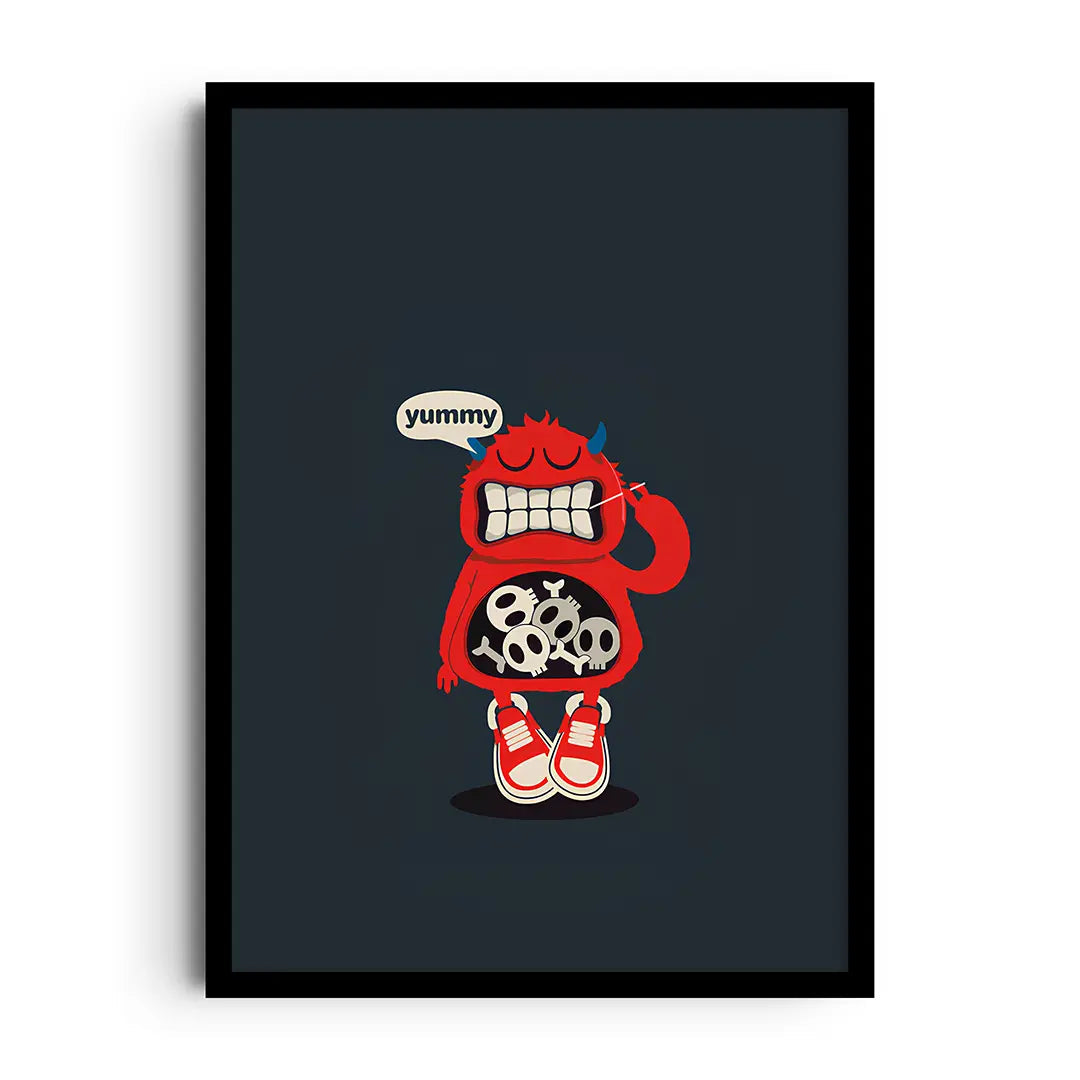 Framed poster of cheerful skeletons sharing dinner at a table, bold graphic style with a Bone Appetit pun