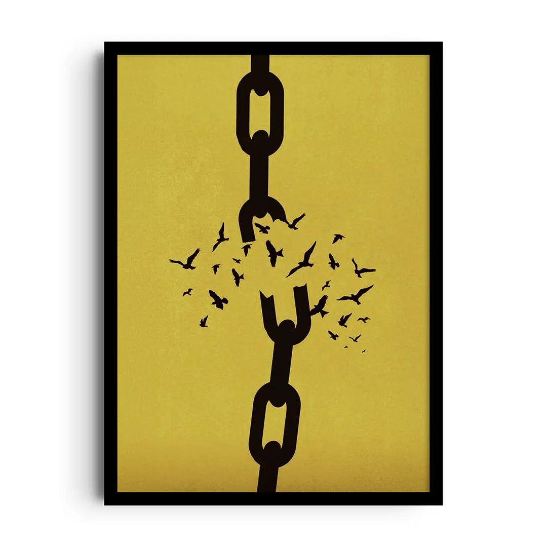 Framed poster with vibrant brushstroke-style colour bursting upward, motivational art about breaking free