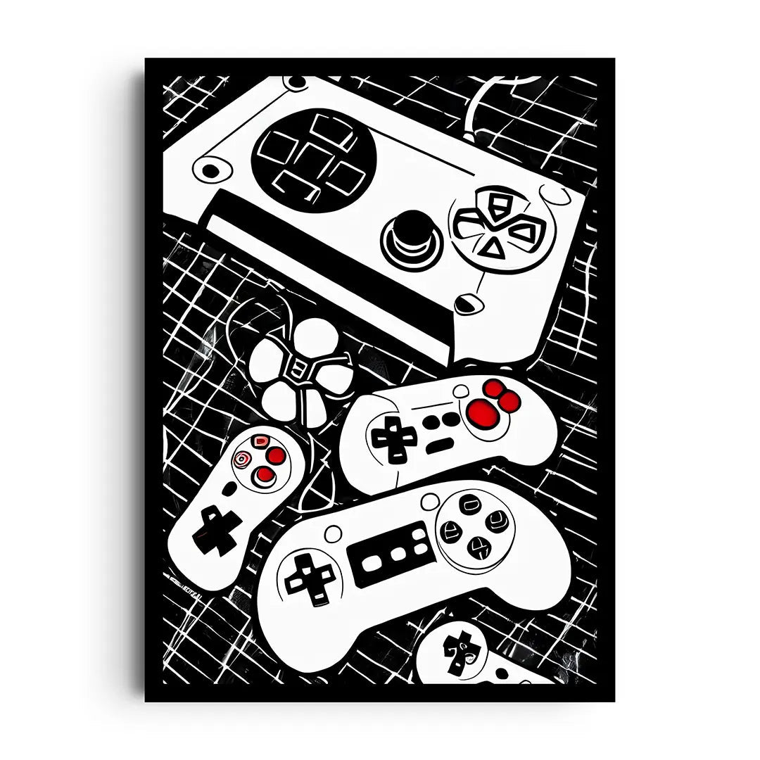 Framed poster of bold arcade buttons and controller shapes in a playful retro gaming composition