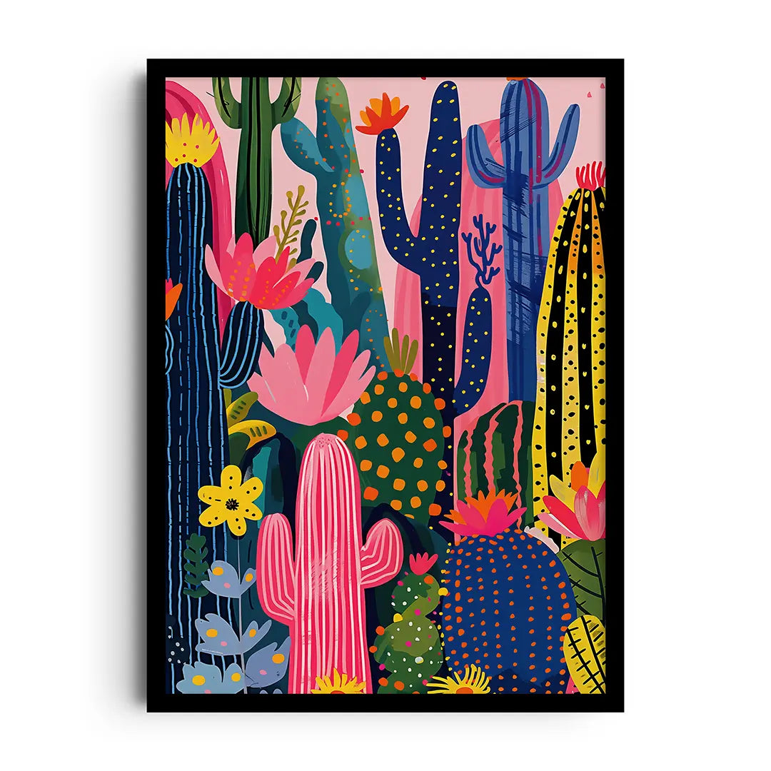 Framed botanical poster of a flowering cactus with vibrant blooms in a clean modern style