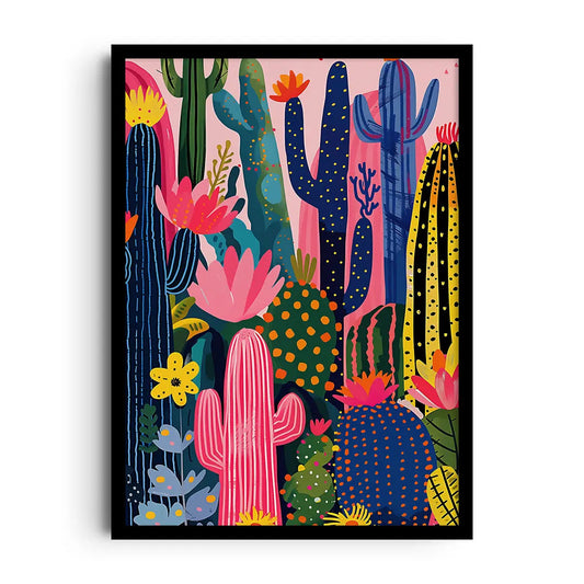 Framed botanical poster of a flowering cactus with vibrant blooms in a clean modern style