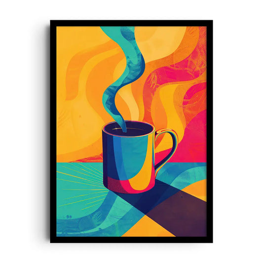 Framed poster of coffee-inspired graphics with bold typography and clean modern lines