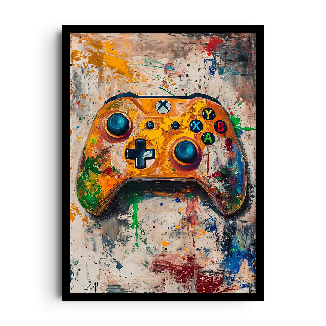 Framed poster of a game controller drawn with retro pixel details on a minimal background