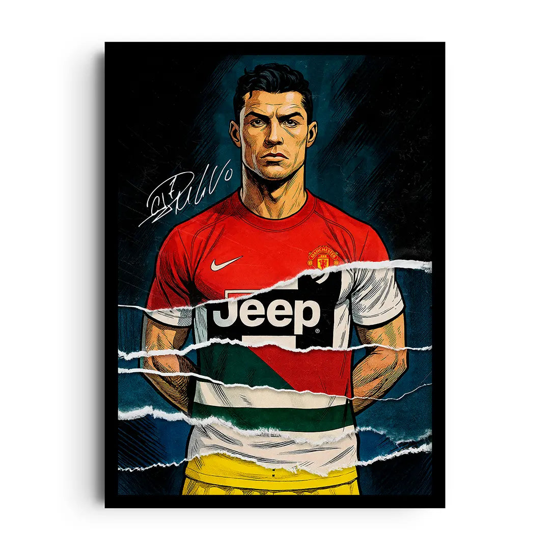 Framed CR7 poster of Cristiano Ronaldo in a bold, energetic football graphic wall art design