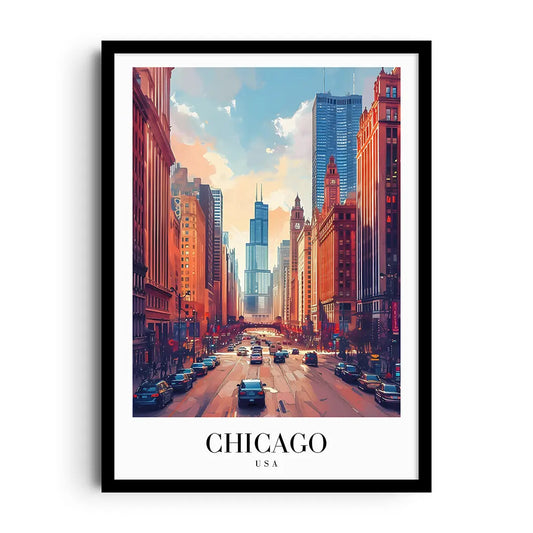 Framed poster of Chicago architecture in clean minimalist lines and a fresh modern palette
