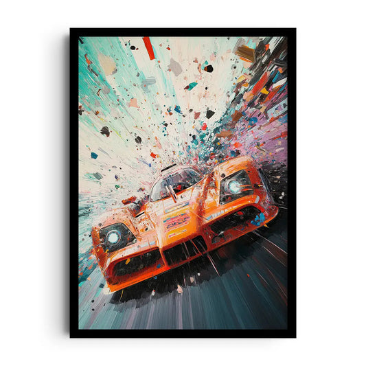 Framed poster of a high-speed car chase in saturated colors and sharp dynamic lines, vivid automotive wall art