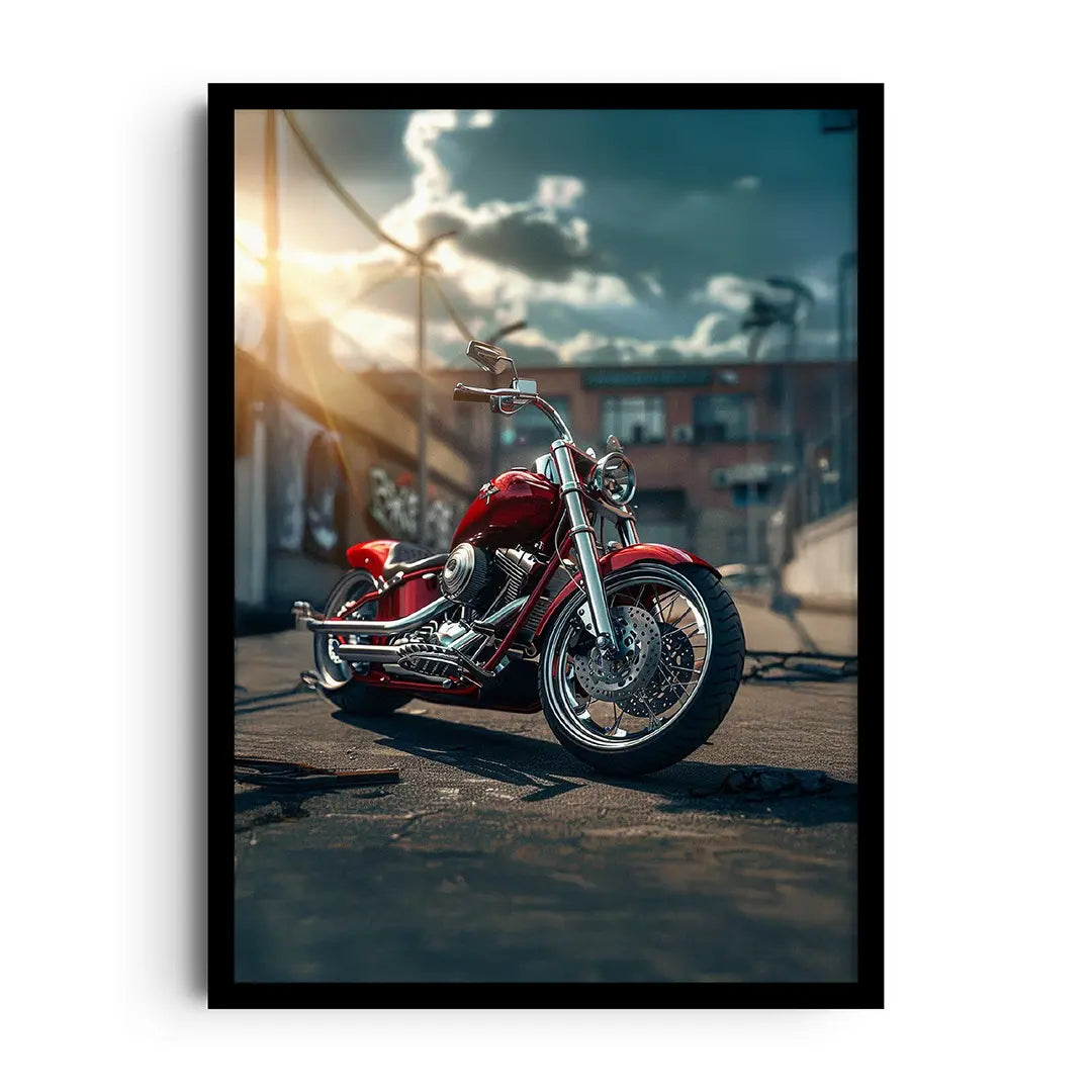 Framed poster of gleaming chrome details and streamlined vintage car shapes in metallic tones, retro wall art