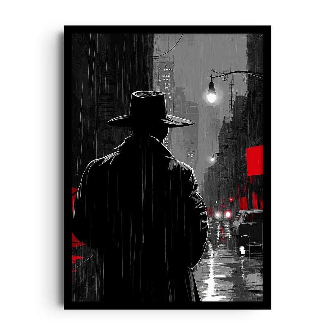 Framed poster of narrow moonlit alleys and rooftops in a quiet city, rendered in muted tones