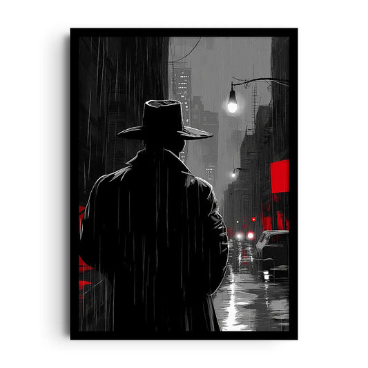 Framed poster of narrow moonlit alleys and rooftops in a quiet city, rendered in muted tones