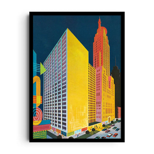 Framed poster of a city skyline at night with glowing amber windows against a deep evening sky