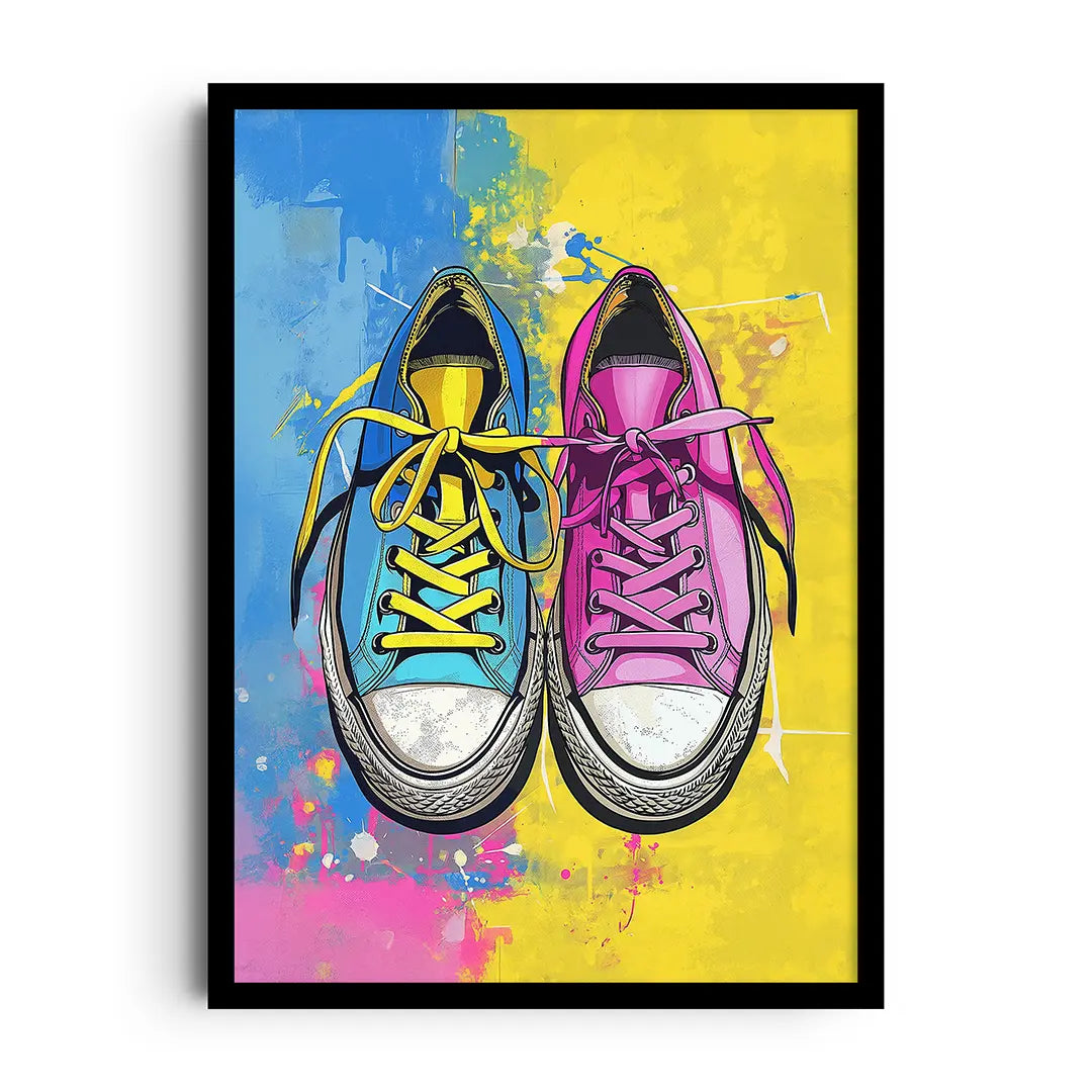 Framed geometric poster of colorful stacked steps in a soft rainbow palette