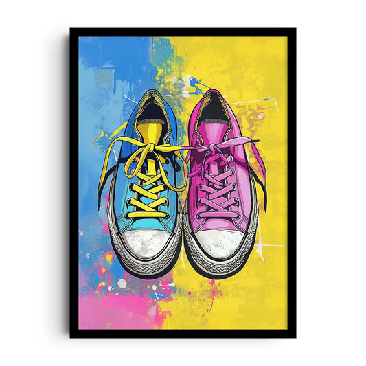 Framed geometric poster of colorful stacked steps in a soft rainbow palette