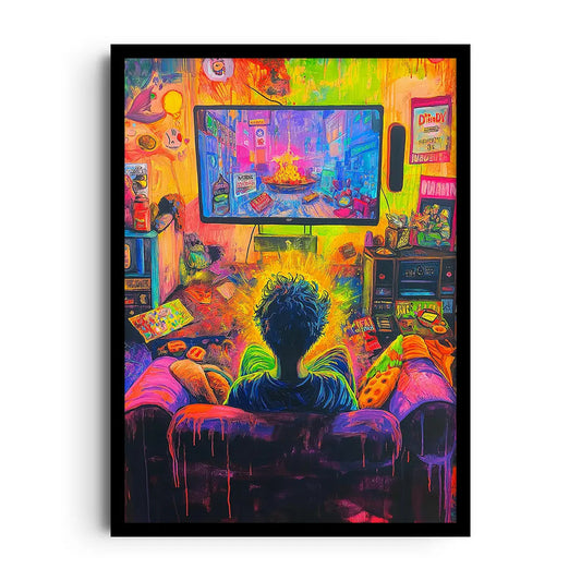 Framed poster with retro game controllers and witty typography, humorous couch gaming wall art
