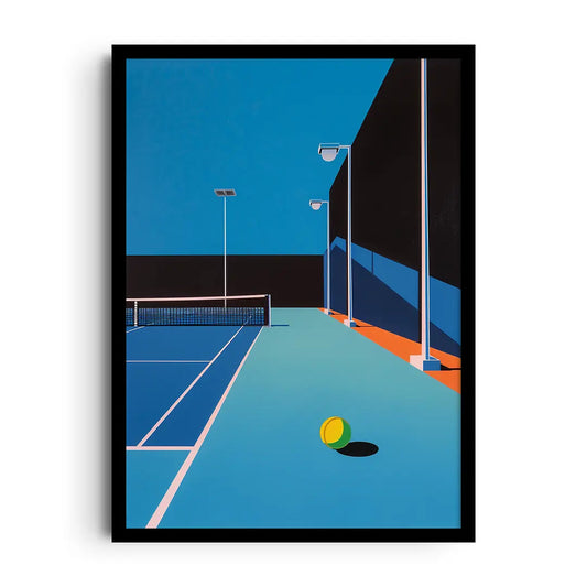 Framed poster of a basketball court with painted floor lines and player silhouettes, clean graphic sports wall art