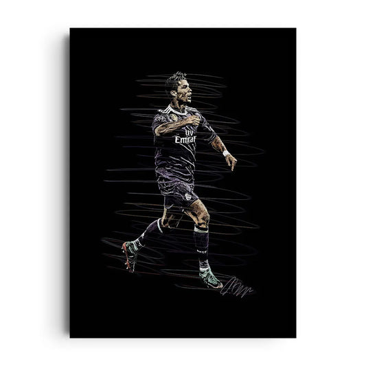 Framed action poster of Cristiano Ronaldo striking the ball, bold athletic football graphic wall art