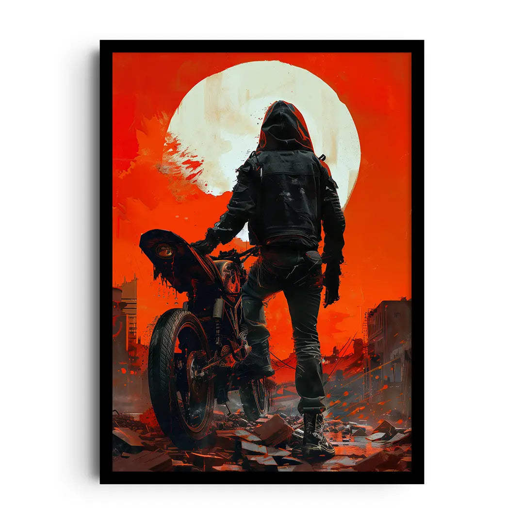 Framed poster of a motorcycle rider leaning into speed in deep crimson tones, dynamic red wall art