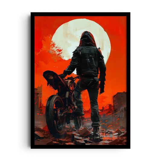 Framed poster of a motorcycle rider leaning into speed in deep crimson tones, dynamic red wall art