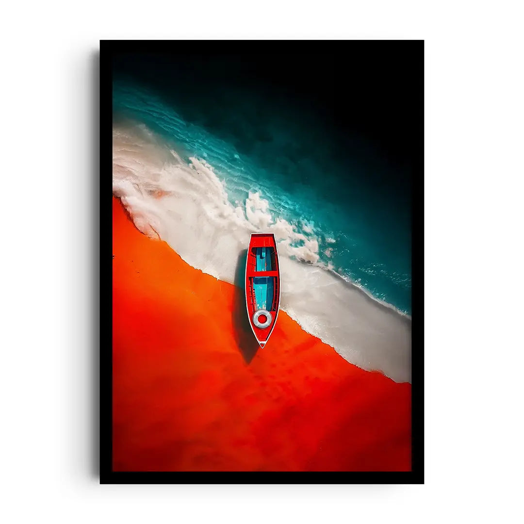 Framed abstract poster of flowing crimson red layers with subtle texture and minimal geometry