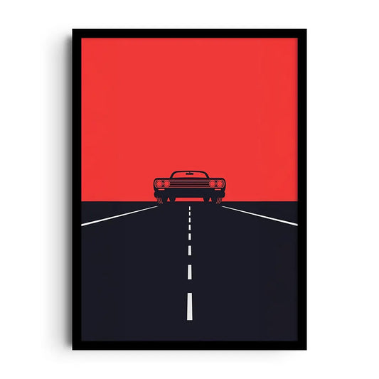 Framed poster of a sleek car cruising through the night under dramatic high-contrast lights, cinematic wall art