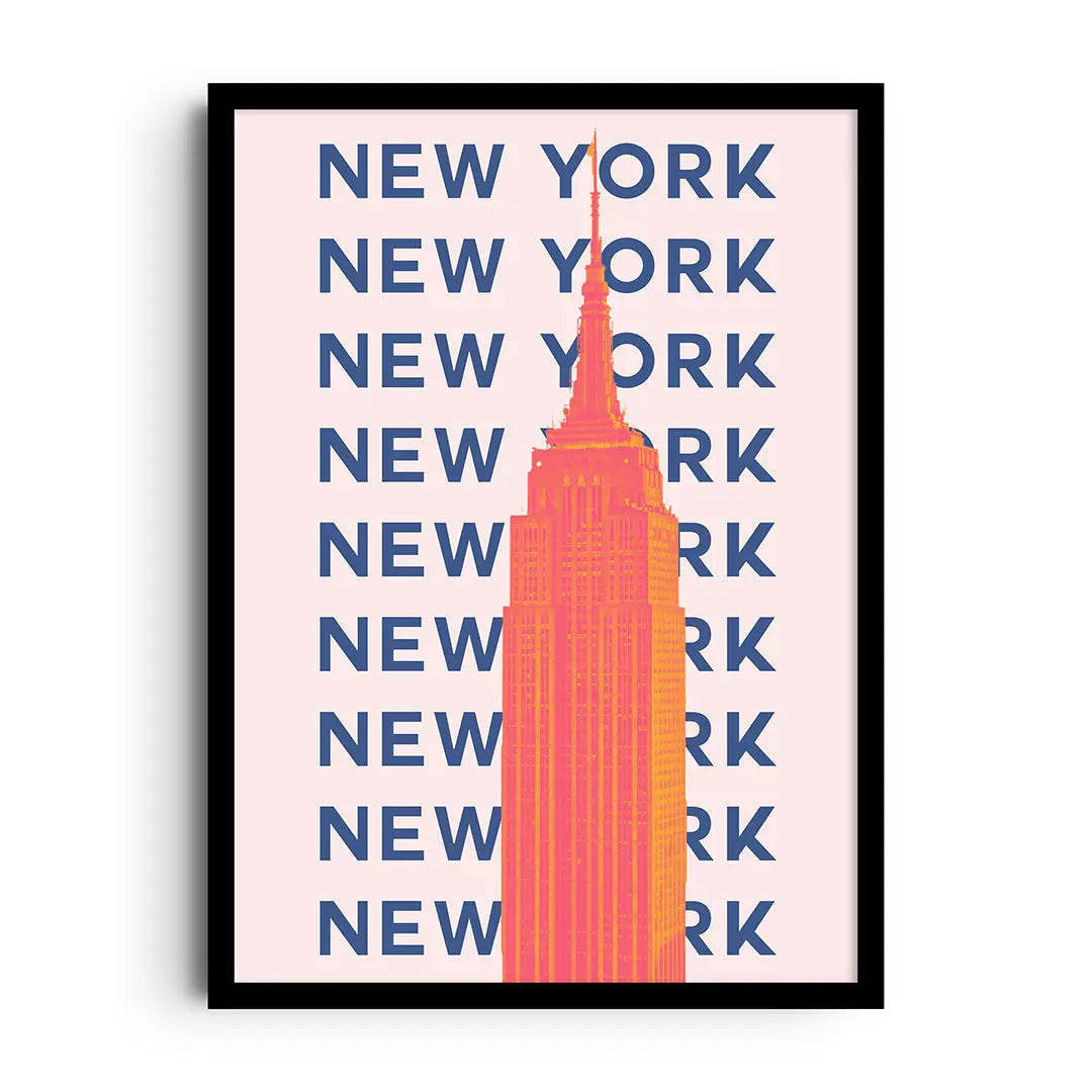 Framed poster of a minimalist city skyline glowing in warm amber evening light
