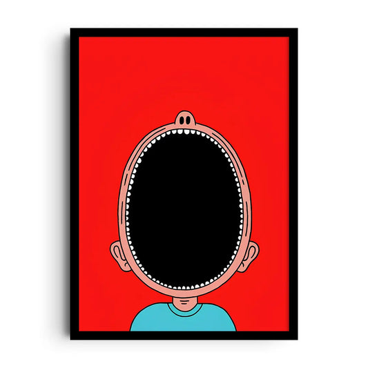 Framed minimalist poster of a bold open-mouthed shout with no sound, clean graphic lines and wide negative space