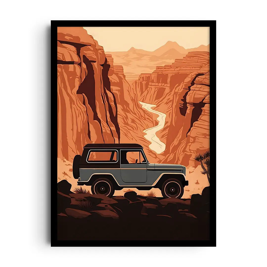Framed poster of a classic car over vintage map routes and a compass rose, travel-inspired road trip wall art