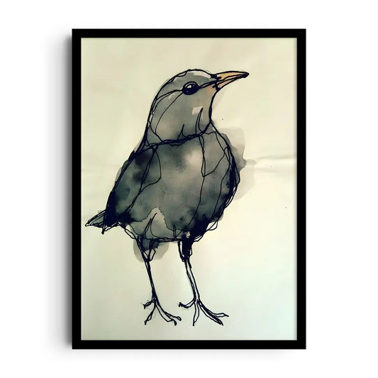 Framed poster of a single delicate feather with fine lines and open negative space in soft tones