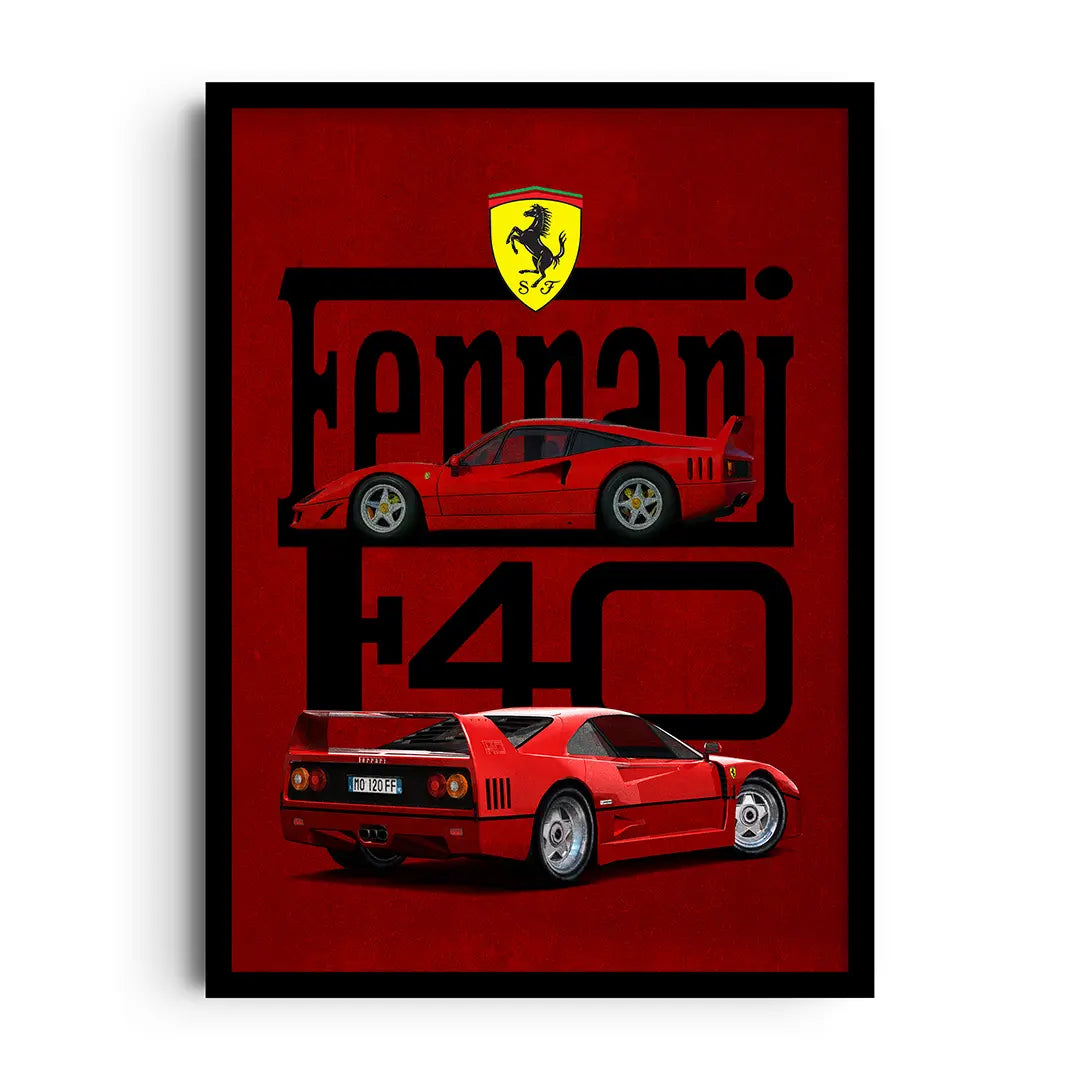 Framed poster of a legendary mid-engine supercar with a big rear wing, bold contrast motion wall art