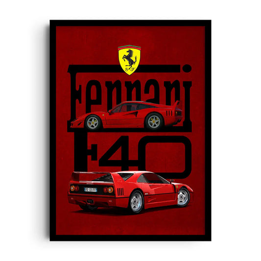 Framed poster of a legendary mid-engine supercar with a big rear wing, bold contrast motion wall art