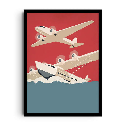 Framed poster of a vintage propeller plane above a classic roadster with bold retro lettering, nostalgic wall art