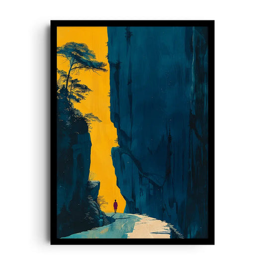 Framed abstract poster with flowing gold accents forming a path of light over soft neutral tones